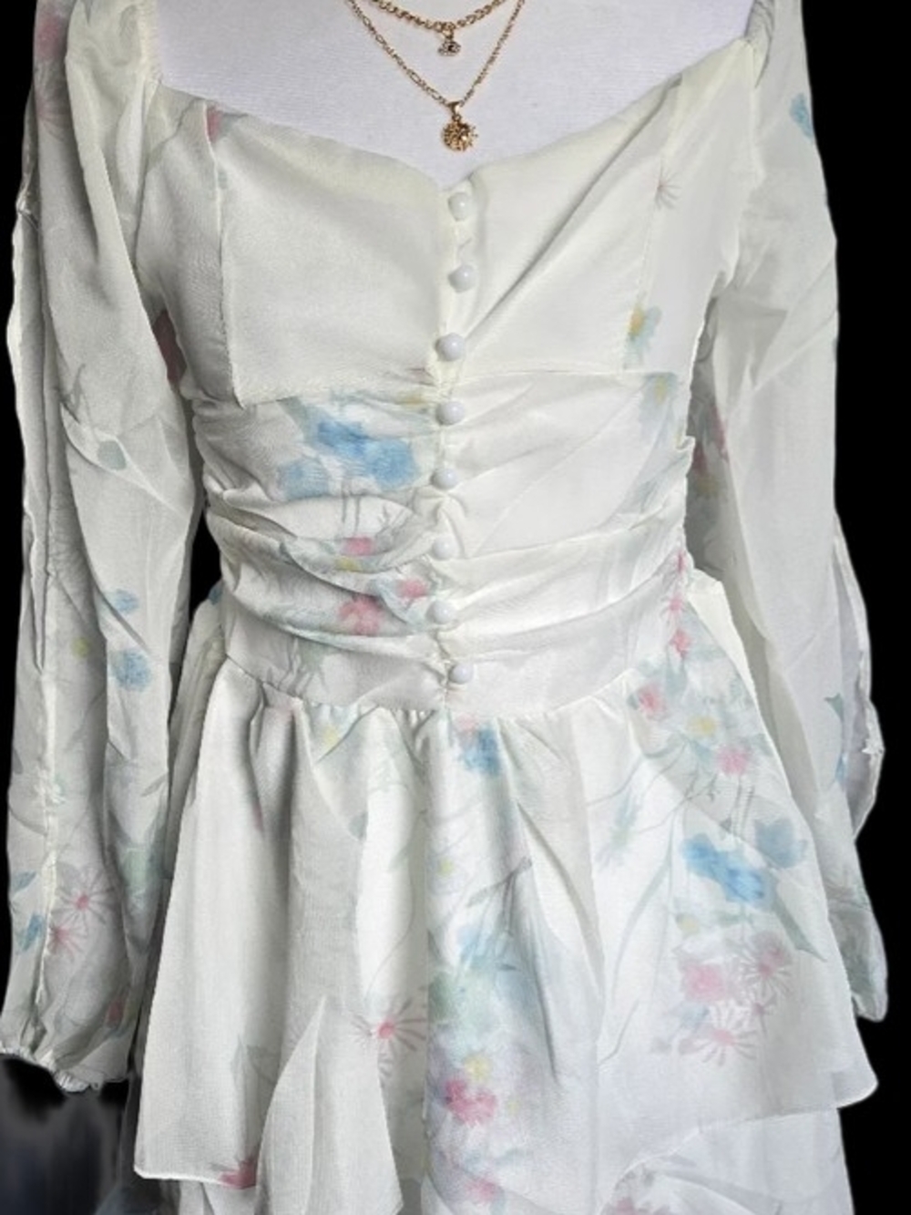 White Floral Long-Sleeve Ruffled Midi Dress With Necklace